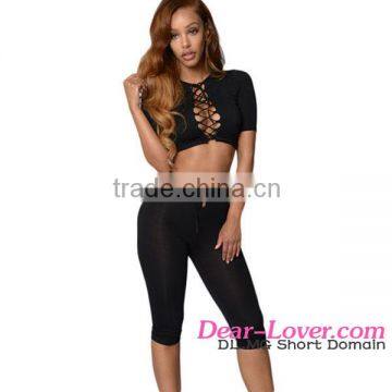 2016 latest Black Crop Lace-up vest Top and pant suit for women