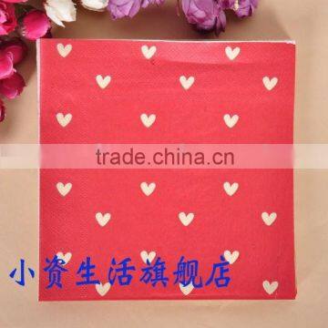 Cute White Heart and Red Style Printed 100% Virgin Wood Pulp Napkin Tissue for Party Restaurant Decoration