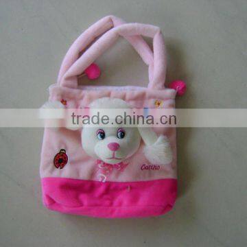 Stuffed and promotional soft dog toy plush handbag with pompom for children