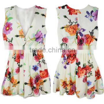 Women Floral Print Jumpsuit, Deep V Neck Printed Romper With Ruffles Hem