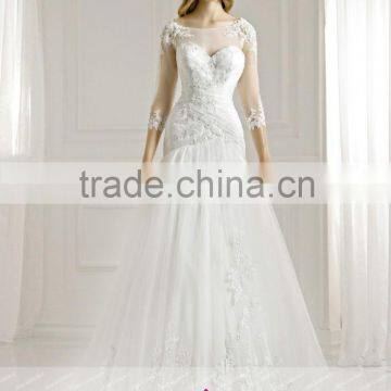 LC32 Elegant Scoop Neck Wedding Dress 2015 3/4 sleeve Lace Beaded Mermaid Floor Length Vintage Gelinlik