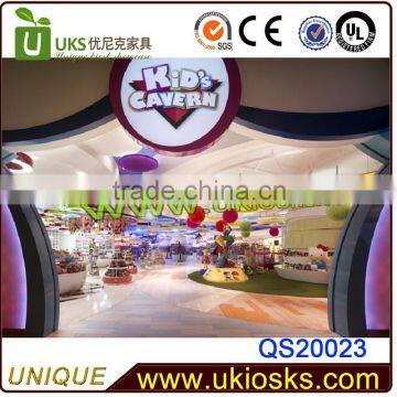 kids products store design such as clothes, toys, shoese display