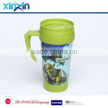 Promotional plastic coffe travel mug double wall coffee cup car mug with handle