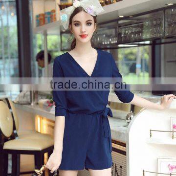 women long sleeve front wrapped tie waist navy blue plain short rompers