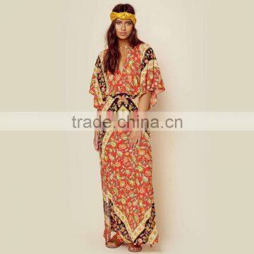 Bat Sleeve Printed Ethnic Clothing Women Kaftan Open Back Design Maxi Dress photo-3