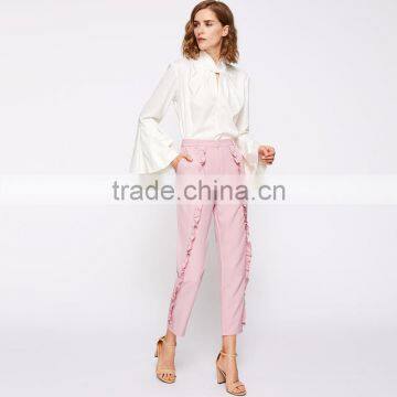 Frilled Women's Tailored Fitted Pants High Waist Pink Cropped Trousers photo-3
