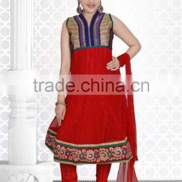 Lovely Red Color With Orange Design at Neck Salwar Kameez Sizzling Girls Ready Made