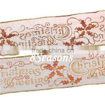 Brown Christmas Decoration Flower "Christmas Greeting" Pattern Organza Ribbon 6.3cm