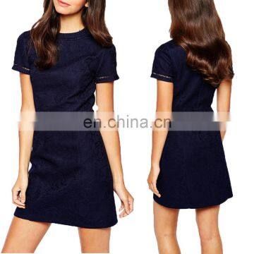 Fall and winter dark blue jacquard formal casual dress