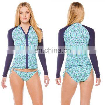 Custom logo design zipper front straps tied bottom long sleeve stretch lycra women compression sublimated rash guards