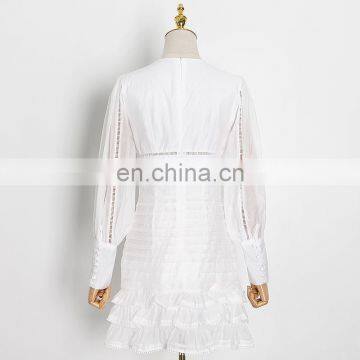 TWOTWINSTYLE Patchwork Ruffle Dress For Women V Neck Lantern Sleeve Hollow Out Elegant White Dresses photo-3
