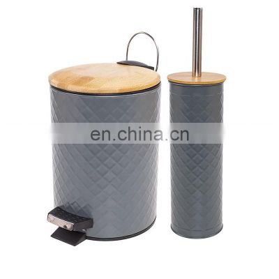 High quality powder coating embossing dustbin with toilet brush holder household soft close pedal bin 3l 5l bamboo lid trash can