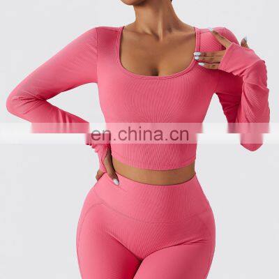 Ribbed 2 In 1 Piece Long Sleeve Yoga Crop Tops Wholesale Womens Square Neck Sports Bras