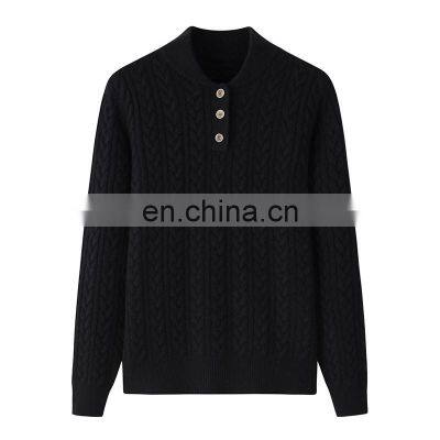 Custom Winter Pullover for Women Factory Knitwear with Stand Neck Button 100% Cashmere Casual Solid Pattern