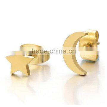 Pair Gold Color Moon and Star Stainless Steel Plain Stud Earrings for Women and Girls