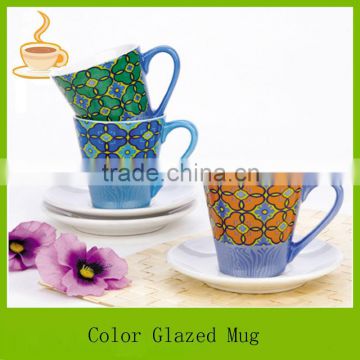 LJ-4344 glazed ceramic mugs with handle and saucer