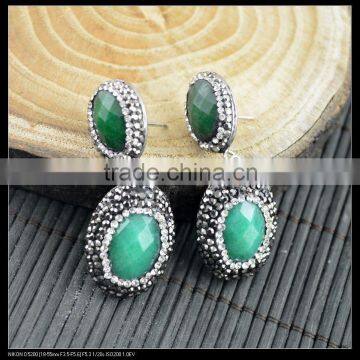 LFD-037E Wholesale Pave Rhinestone Crystal Earring, Faceted Green Agate Stone Drop Earrings Jewelry Finding