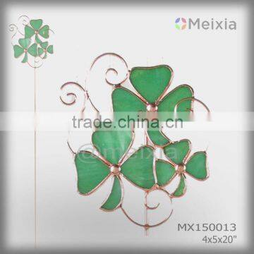 MX150013 wholesale tiffany style stained glass shamrock decoration garden metal stake