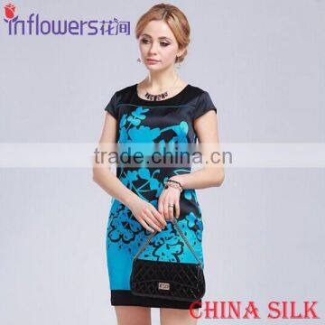 High quality royal blue short sleeve digital print summer pure silk dress