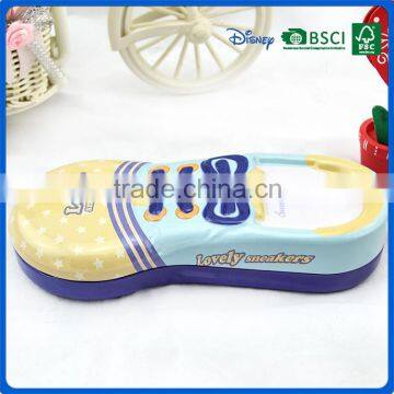 Tinplate fancy fashion shoes shaped pencil box with rectangle double layer logo printed pencil box