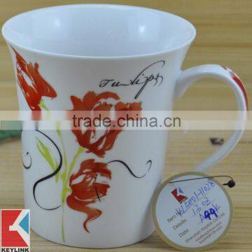 14OZ bright red flower design with handle decal printed coffee cups, shiny surface porcelain mug, KL5001-11028