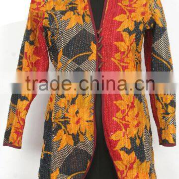 RTHCJ-4 Full sleeve Flower Designer printed reversible long size kantha worked cotton Winter Jackets with buttons Jaipur