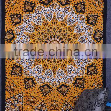 Beautiful yellow Block Printed Tapestry Bohemian Boho Bedspread Decor Psychedelic Mandala Tapestry Wall Hanging 100% cotton