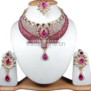 Indian Bollywood Fashion Jewelry Gold Plated Beautiful Necklace Set Magenta