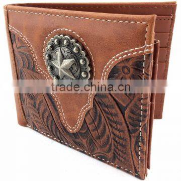 Cowboy Mens Brown Leather Western Leather Wallets With Star Carved Design Wallet