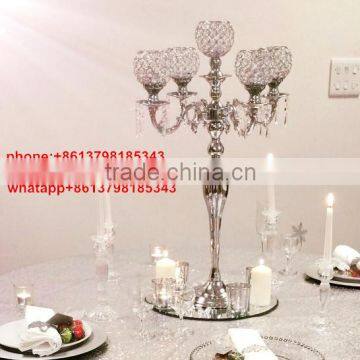 wholesale latest 5 arms crystal candleabra sliver iron chorme wedding candelabras centerpieces with crystal bead