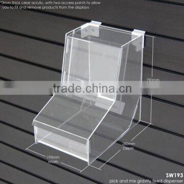 Gravity acrylic candy bin for slatwall