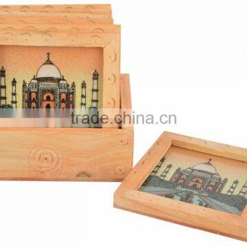 wooden handicraft gem stone art taj mahal print tea coaster