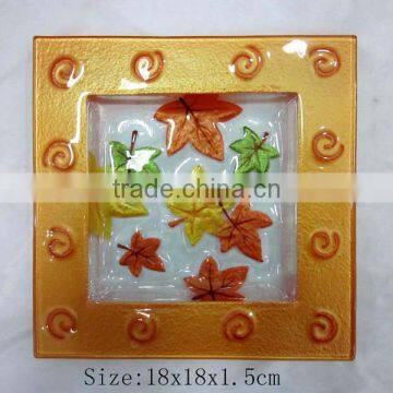 7" square hand painted maple leaf glass plate