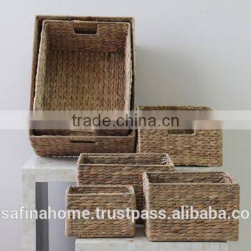 Set of 3 small rectangle water hyacinth baskets with handles