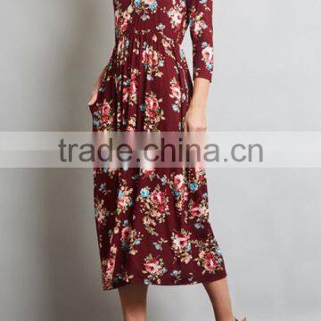 Private Label Long Sleeve Floral Pocket Midi Length Fashion US Size Women Dresses 2017 Summer photo-5