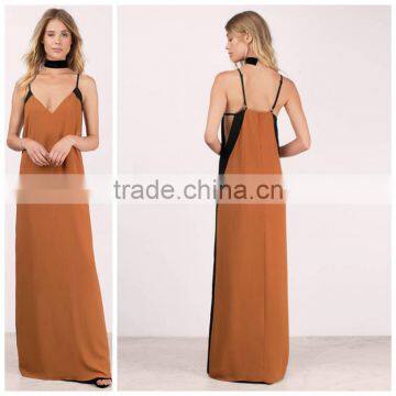 Woman Spaghetti Strap V Neck Chiffon Long Maxi Dress