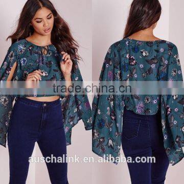 2016 Latest Fashion Design Lady Printed Cape Sleeve Tie Front Blouse photo-6