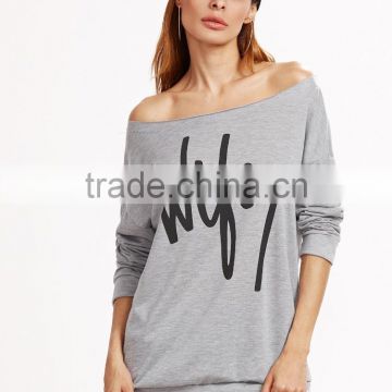 Lightweight Cotton Grey Boat Neck Drop Shoulder Letter Print Sweatshirt Sexy Womens Off the Shoulder Sweatshirt OEM