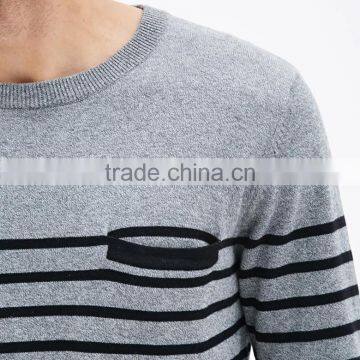 Navy Stripes Crew Neck Cotton Long Sleeve Men Pullover Sweater With Chest Pocket photo-3