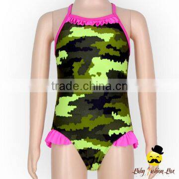 New Design Formal Summer Stringy Selvedge Camouflage Pattern Printed Baby Girl Bodysuit Kids One Piece Swimwear Beachwear