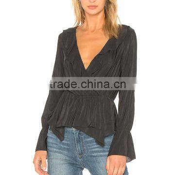Frilled Wrap Design Chic Long Sleeve Black Peplum Blouse for Women photo-5