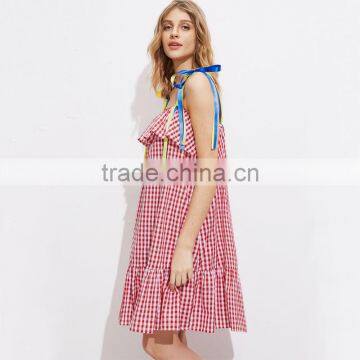 Cute Ruffled Hem Self Tie Dress, Ladies Red Cotton Sleeveless Dress photo-4