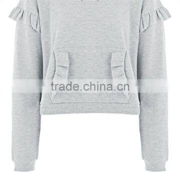 2017 Oem Spring Long Sleeves Solid Color Pretty Ruffle Grey Marl Hoodie photo-5