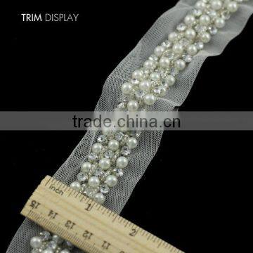 DIY Beaded 3 Row Pearls Crystal Rhinestones Costume Applique Embellishment Decorated Lace Ribbon Trim photo-2