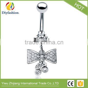 Stainless Steel Big CZ Bowknot Long Navel Ring