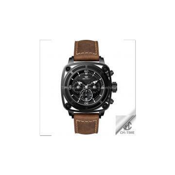 Fashion luxury water resistant 316l stainless steel case japan quartz movt genuine leather band chronograph sport men's watch