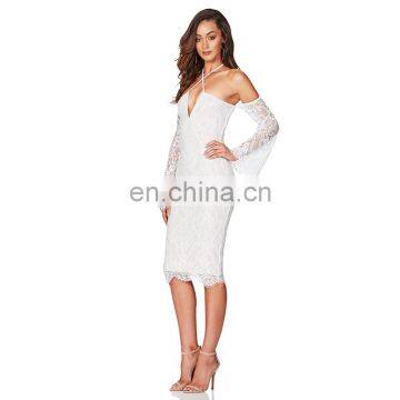 Dropshipping Clothing Sexy Long Sleeve Off Shoulder Lace Midi Bodycon Bandge Party Dress for Women photo-3