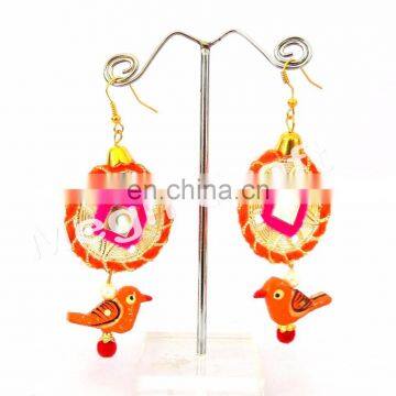 Designer Sparrow Pompom Earrings With Bells-Pom Pom Bali Style Earrings/ Fashion Pom Pom Earrings/ Handmade Wood Bead Earrings photo-2