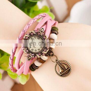 Hot selling Colorful pendant ladies fashion leather wrap girls charming vintage wrist watch