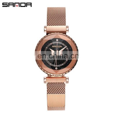 SANDA P1015 Best Mash Ladies Watch Analog Quartz Stainless Steel Starry Sky Business Office Lady Watch